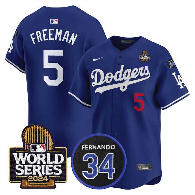 Men%27s Los Angeles Dodgers #5 Freddie Freeman Royal 2024 World Series With Fernando Memorial Patch Limited Stitched Baseball Jersey->los angeles dodgers->MLB Jersey